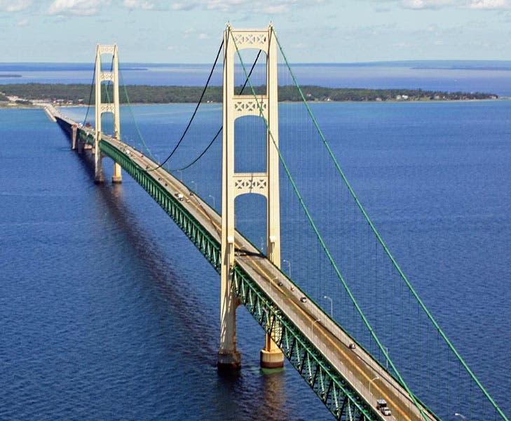 View from the air of the Mackinac Bridge connecting the Upper and Lower Peninsula of Michigan, designed by David Steinman, opened 1957 (Wikimedia commons)