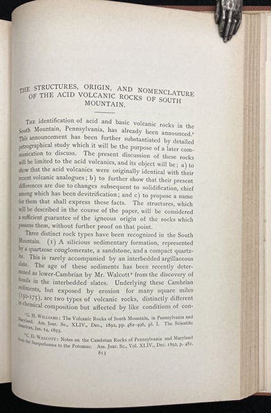 First page of Florence Bascom’s first professional paper, “The structures, origin, and nomenclature of the acid volcanic rocks of South Mountain,” (signature is on last page), Journal of Geology, vol. 1, p. 813, 1893 (Linda Hall Library)