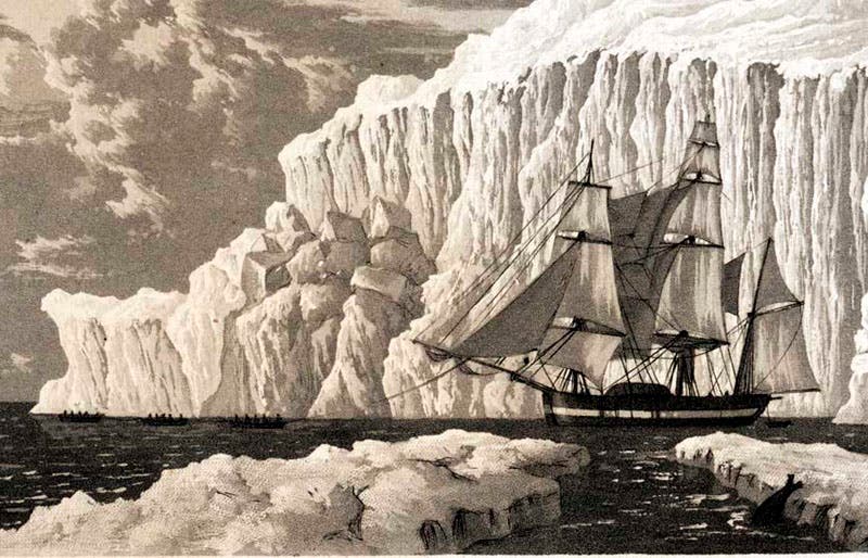HMS Hecla, being towed out of danger by longboats in Baffin Bay, engraving in Journal of a Voyage for the Discovery of a North-West Passage, by William Edward Parry, 1821 (Linda Hall Library)