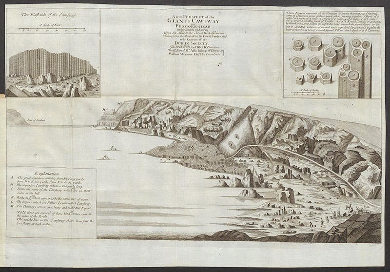 “A true Prospect of the Giants Cawsway,” engraving after a drawing by Edwin Sandys, submitted by William Molyneux, Philosophical Transactions, of the Royal Society of London, vol. 19, no. 235, 1697 (Linda Hall Library)