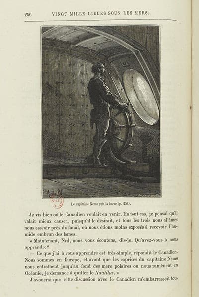 Captain Nemo at the wheel, wood engraving after drawing by Alphonse de Neuville, in Vingt mille lieues sous le mers, by Jules Verne, 1871, copy in Bibliothèque nationale de France (gallica.bnf.fr) 