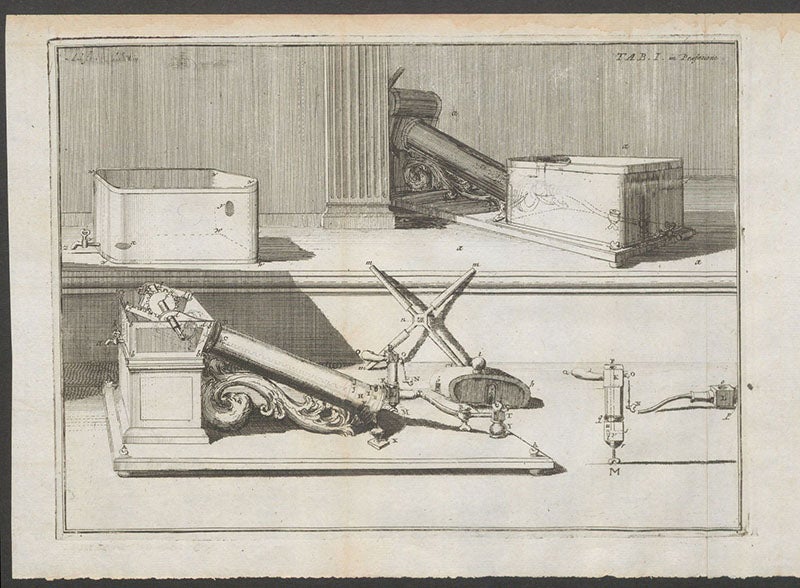 Another view of a Musschenbroek air-pump. this one with cutaways to show the workings of the valves and pinion gears, and also depicting the water bath that enclosed the lower end, engraving, Wolfgang Senguerd, Philosophia naturalis, 1685 (Linda Hall Library)