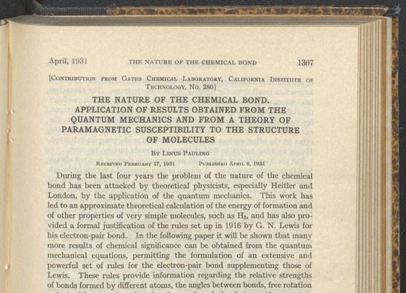 First page of “The nature of the chemical bond, application of results obtained from the quantum mechanics…,” by Linus Pauling, Journal of the American Chemical Society, vol. 53, 1931 (Linda Hall Library)