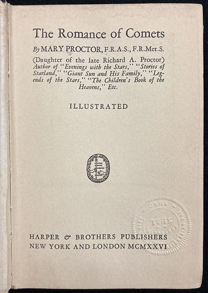 Title page, The Romance of Comets (1926), by Mary Proctor, 1926 Linda Hall Library)