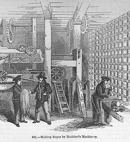 Joseph Huddart’s rope-making machinery, wood-engraving, Charles Knight, Pictorial Gallery of Arts, vol. 1, 1862 (suewilkes.blogspot.com)