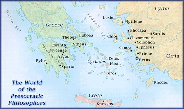Map of ancient Greece, locating the home cities of various Presocratic philosophers, including Clazomenae in Ionia, home of Anaxagoras (guids.lib.jjay.cuny.edu)