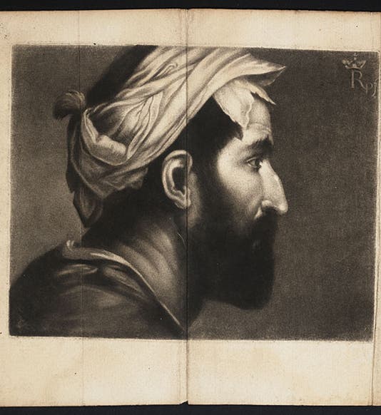 Portrait of a man with a turban, by Prince Rupert, mezzotint, in John Evelyn, <i>Sculptura</i>, 1755 (Linda Hall Library)