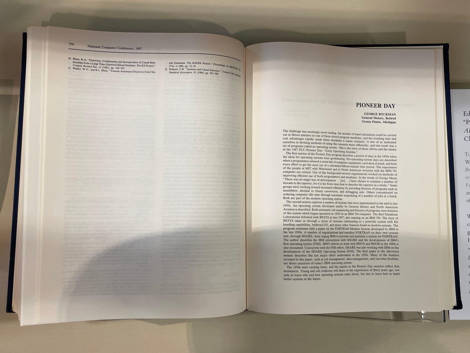 Photo of conference proceedings containing writing by George Ryckman, “Pioneer day,” AFIPS conference proceedings v. 56. Chicago, 1987.