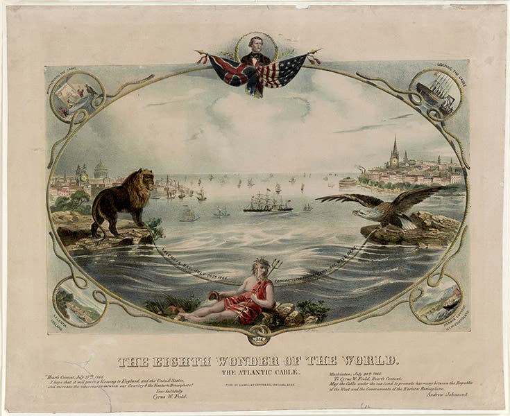 Allegorical lithograph, The Eighth Wonder of the World: The Atlantic Cable, Kimmel & Forster, [1866], Library of Congress (loc.gov)