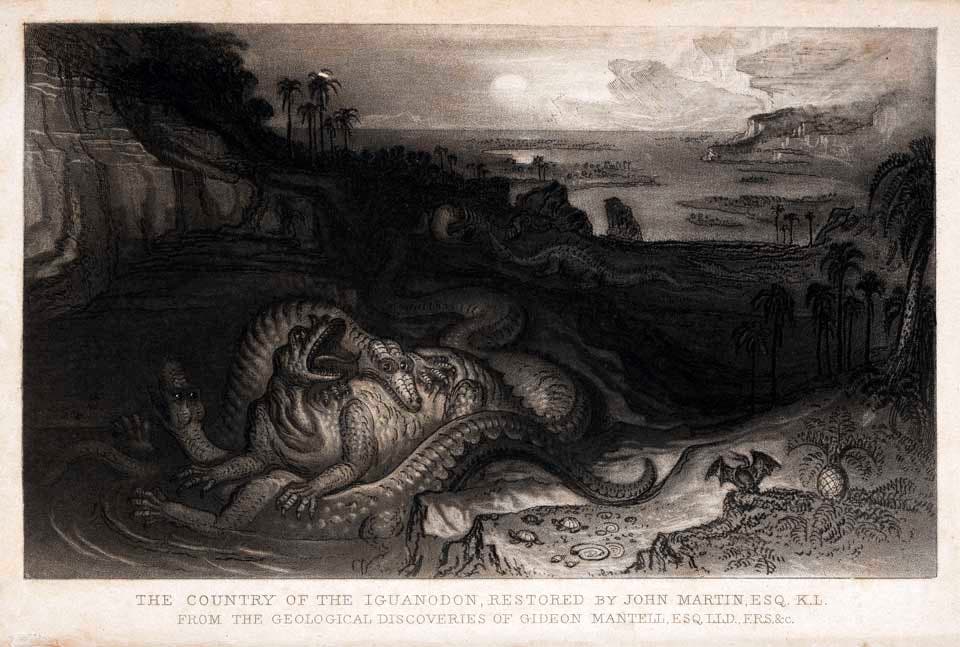 The Country of the Iguanodon by John Martin. This work was on display in the original exhibition as item 3. Image source: Mantell, Gideon. The Wonders of Geology. Vol. 1, London: Relfe and Fletcher, 1838, frontispiece.