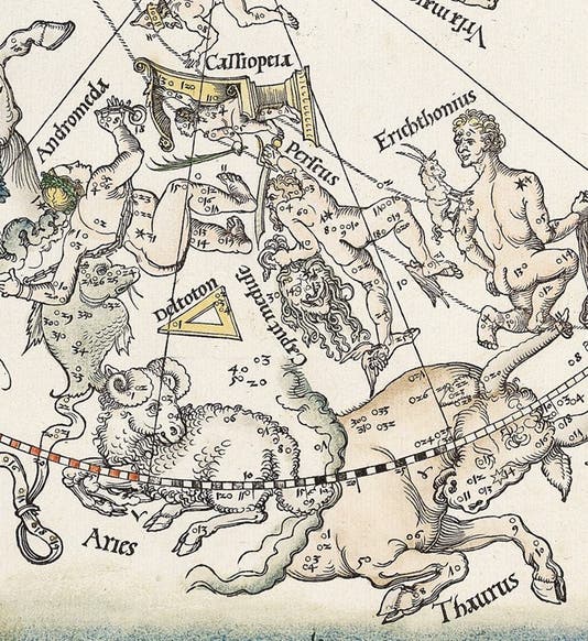The constellations Cassiopeia, Andromeda, Perseus, Erichthonius (Auriga), Aries, and Taurus, detail (inverted) from Imagines Coeli Septentrionales (northern celestial hemisphere), woodcut by Albrecht Dürer et al., 1515, offered and sold by Daniel Crouch Rare Books (crouchrarebooks.com)