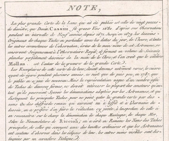 Top third of the caption, detail of Réduction de la grande carte de la lune de J. Dom. Cassini, broadside engraving, by Jean-Dominique, comte de Cassini, 1788 (Linda Hall Library)