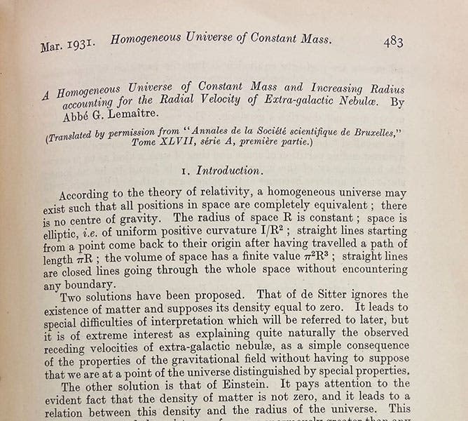 First two paragraph of the translation of Georges Lemaître’s 1927 paper in Monthly Notices of the Royal Astronomical Society, vol. 91, 1931 (Linda Hall Library)