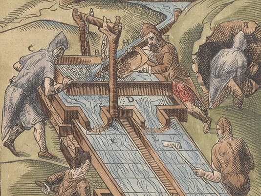 Screening and washing gold ore in a sluice, detail of a hand-colored woodcut, Lazarus Ercker, <i>Beschreibung</i>, 1580 (Linda Hall Library)