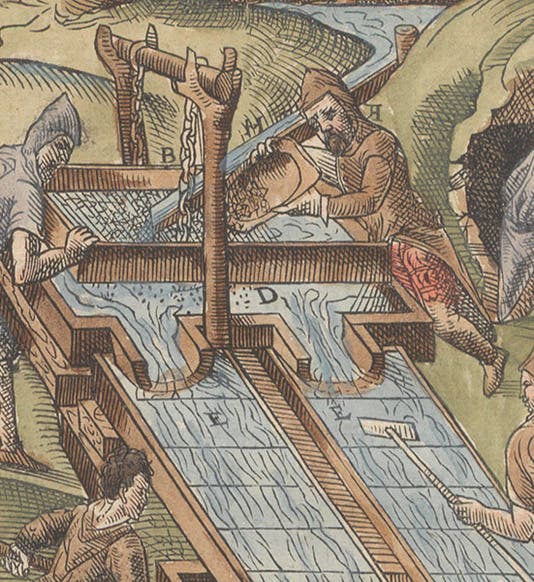 Screening and washing gold ore in a sluice, detail of a hand-colored woodcut, Lazarus Ercker, <i>Beschreibung</i>, 1580 (Linda Hall Library)