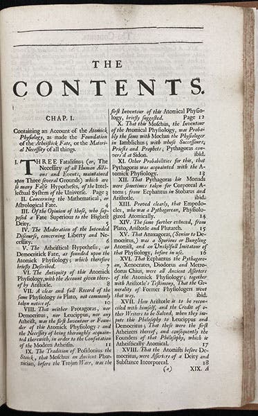 “The Contents,” first of 82 unnumbered pages, following the text of The True Intellectual System of the Universe, by Ralph Cudworth, 1678, (Linda Hall Library)