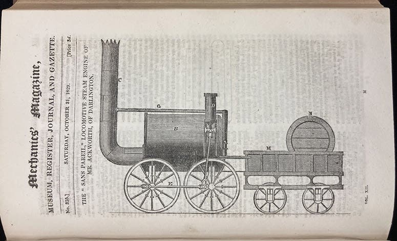 Sans Pareil, locomotive built by Timothy Hackworth for the Rainhill Trials, woodcut in Mechanics' Magazine, Register, Journal, and Gazette, vol. 12, p. 161, Oct. 31, 1829 (Linda Hall Library)