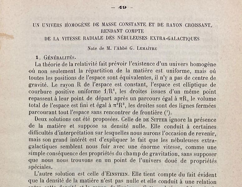First two paragraph’s of Georges Lemaître’s paper proposing an expanding universe, Annales de la Société Scientifique de Bruxelles, vol. 47, 1927 (Linda Hall Library)