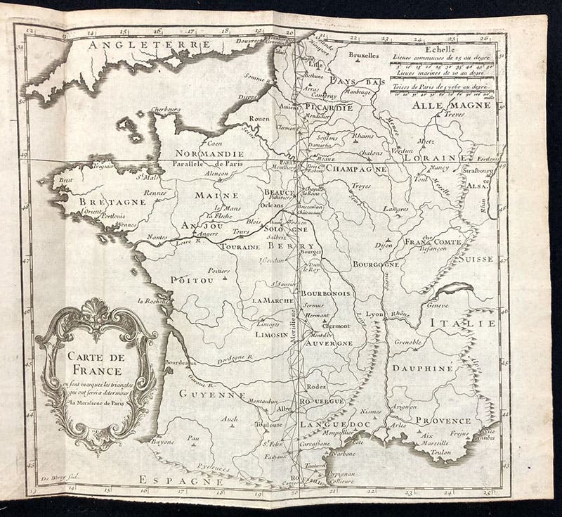 Map of France based on triangulations, De la grandeur et de la figure de la terre, by Jacques Cassini, last plate, 1720 (Linda Hall Library)