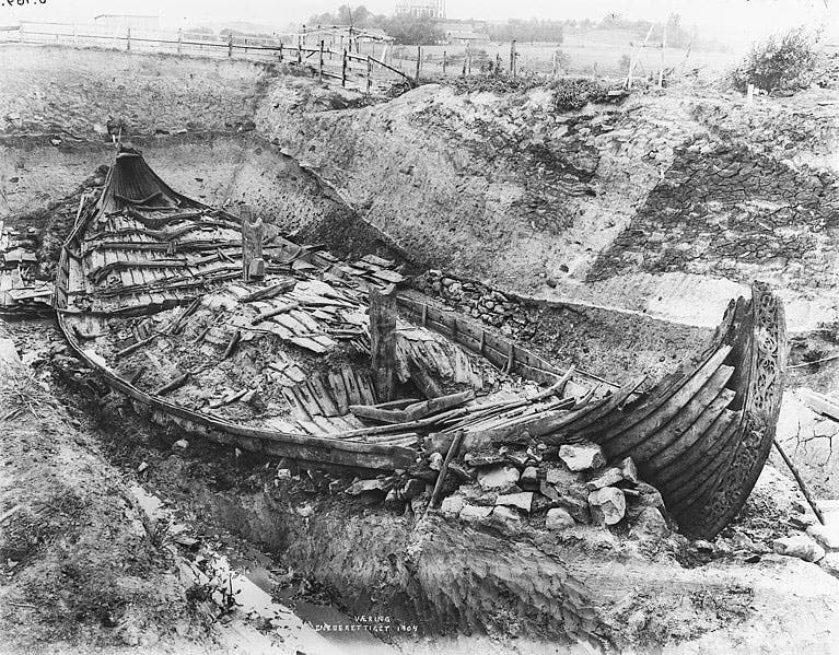 The Oseberg ship during excavation, 1904 (Museum of Cultural History, University of Oslo via Wikimedia commons)