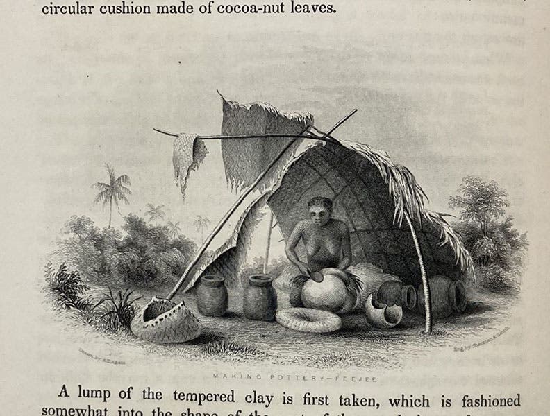 “Making Pottery – Feejee,” text etching, here greatly enlarged, based on a drawing by Alfred T. Agate, in Narrative of the United States Exploring Expedition, by Charles Wilkes, 1845, quarto ed., vol. 3 (Linda Hall Library)