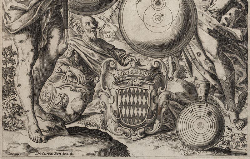 Ptolemy being corrected and uplifted while his system is being discarded, detail of the bottom of the second image (Linda Hall Library)