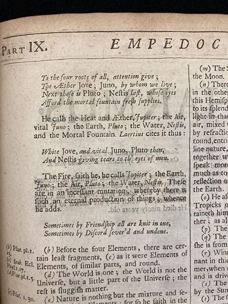 Detail of one page of the article on Empedocles in in The History of Philosophy, by Thomas Stanley, 1687 (Linda Hall Library)