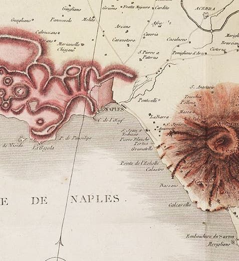 Mount Vesuvius (right) and the Phlegraean Fields, detail of map of Campania, hand-colored engraving in Voyages physiques et lythologiques dans la Campanie : suivis d'un mémoire sur la constitution physique de Rome, by Scipione Beislak, vol 1, plate 1, p. 1, 1801 (The Linda Hall)