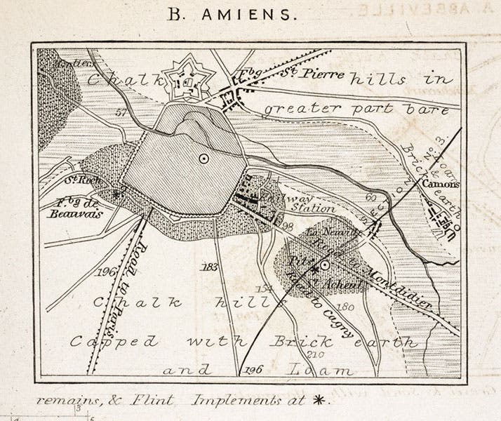 Map of Amiens, noting with an * (center right) the location of the hand-axe found in situ, detail of engraved plate accompanying Joseph Prestwich’s article in Philosophical Transactions of the Royal Society of London, vol. 150, 1860; other maps on the same plate show sites in Abbeville and Hoxne (Linda Hall Library)
