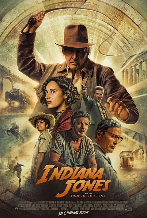 Movie poster, Indiana Jones and the Dial of Destiny, featuring Harrison Ford as Indiana Jones, 2023 (https://www.movieposters.com)