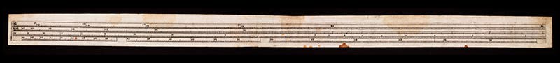 Complete paper slide-rule scale, printed from a scale made by Elias Allen, 1638, now in Cambridge University Libraries (specialcollections-blog.lib.cam.ac.uk)