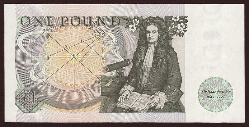 Verso of British one-pound note, 1978, with portrait of Isaac Newton based on Godfrey Kneller’s 1702 portrait (worldbanknotescoins.com)