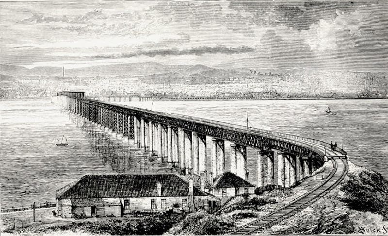 The first Tay Bridge, before the collapse, ca 1878, wood engraving (victorianweb.org)