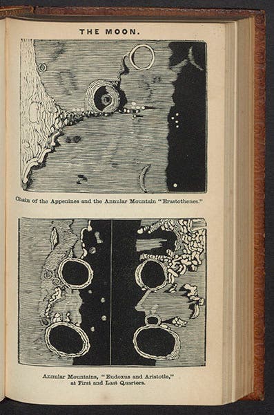 Views of the lunar Apennines (top) and the craters Eudoxus and Aristotle (bottom), woodcuts, in James Breen, Planetary Worlds, 1854 (Linda Hall Library)