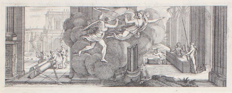 Putti manipulating a large compass to mark out a tapered column, engraved headpiece by Sébastien Le Clerc, François Blondel, Resolution des quatre principaux problèmes d'architecure, in Recueil de plusieurs traitez de mathematique, 1676 (Linda Hall Library)