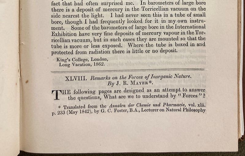 Detail of the first page of “Remarks on the forces of inorganic nature,” by J. R. Mayer, London, Edinburgh, and Dublin Philosophical Magazine, ser. 4, vol. 24, 1862 (Linda Hall Library)