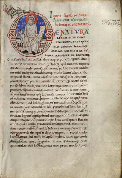 First page of a manuscript of that includes Bede’s <i>De ratione temporum</i>, with a miniature portrait of Bede in the initial letter “D”, 12th century, University of Glasgow Library (gla.ac.uk)