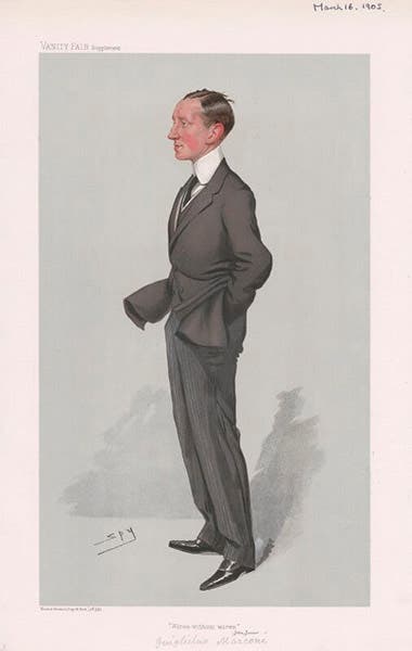 Caricature of Guglielmo Marconi, by Leslie Ward (“Spy”), Vanity Fair, Mar. 16, 1905, National Portrait Gallery, London; caption reads “Wires without wires” (npg.org)
