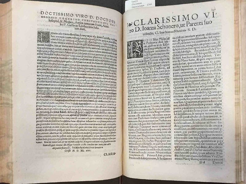 Gasser’s uncensored preface to Rheticus’s Narratio prima in the second edition of Copernicus’s De revolutionibus, 1566 (Chapin Library, Williams College)