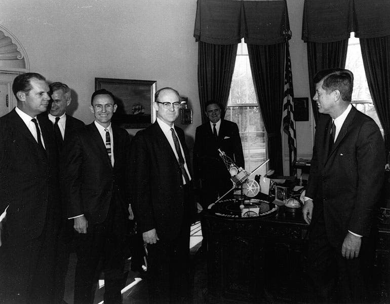 William H. Pickering (center) presents a model of Mariner 2 to President John Kennedy, Jan. 17, 1963 (Wikimedia commons)