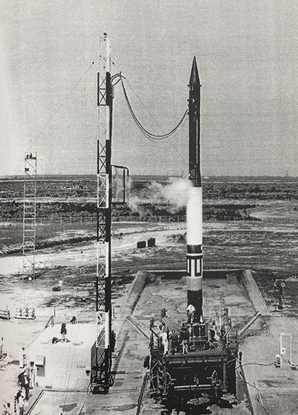 TV-4 3-stage rocket, with Vanguard 1 beneath the nose cone, just prior to launch at Cape Canaveral, undated photograph in Vanguard I: Proposal, Installation, Launch and Selected Results: Launched March 17, 1958, by Roger Easton and Martin Votaw, Nov. 2006 (Linda Hall Library)