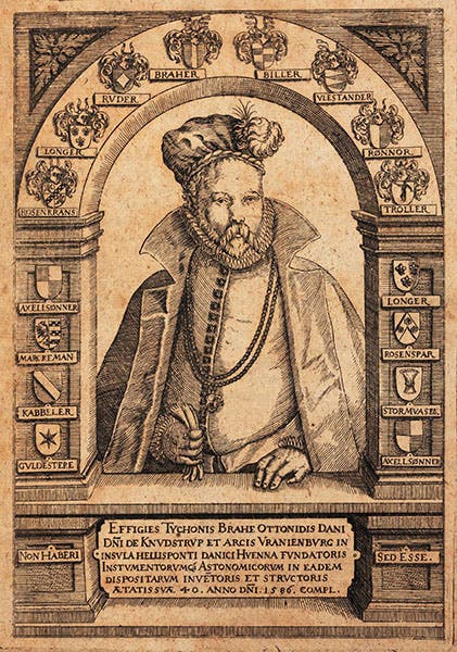 Portrait of Tycho Brahe, engraved titlepage vignette by Jacques de Gheyn II, in Tycho Brahe, Astronomiae instauratae mechanica, 1602 (Linda Hall Library)