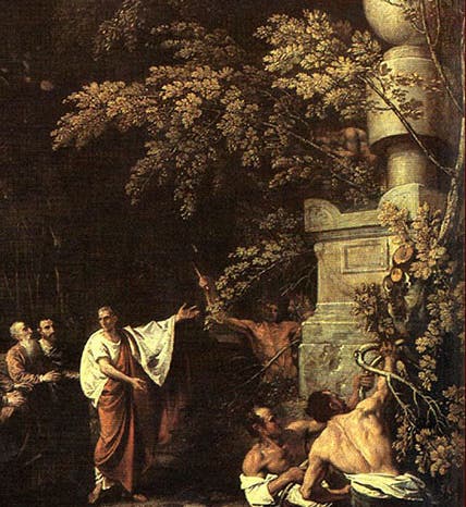 Cicero and the sphere and cylinder on the tomb monument of Archimedes, detail of first image,  Cicero Discovering the Tomb of Archimedes, oil on canvas, by Benjamin West, 1797, collection of Michael Eisner (Wikimedia commons)