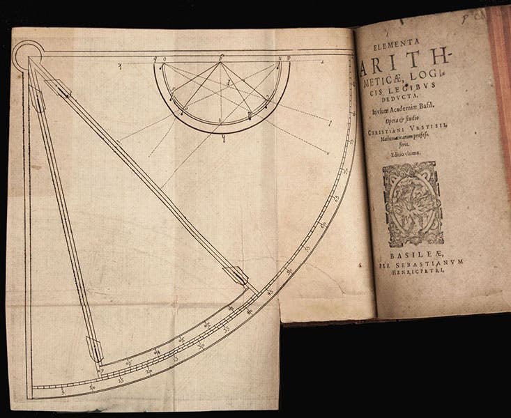 Diagram of a quadrant with Vernier’s proposed new scale, engraving, in Pierre Vernier, La construction, l'usage, et les propriétés du quadrant nouveau de mathématique, 1631, offered for sale by rare book dealer Martayan Lan, New York City (martayanlan.com)