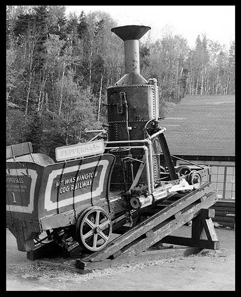 The original locomotive on Sylvester Marsh’s cog railway, originally named “hero”, then nicknamed “Old Peppersass,” now on display at the base of Mount Washington (ephemerasociety.org)