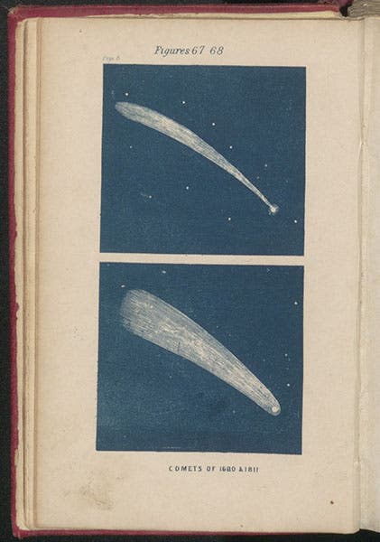 The comet of 1680 (Newton’s comet) and the comet of 1811 (the Great Comet), colored relief print, Denison Olmsted, The Mechanism of the Heavens, 1850 (Linda Hall Library)
