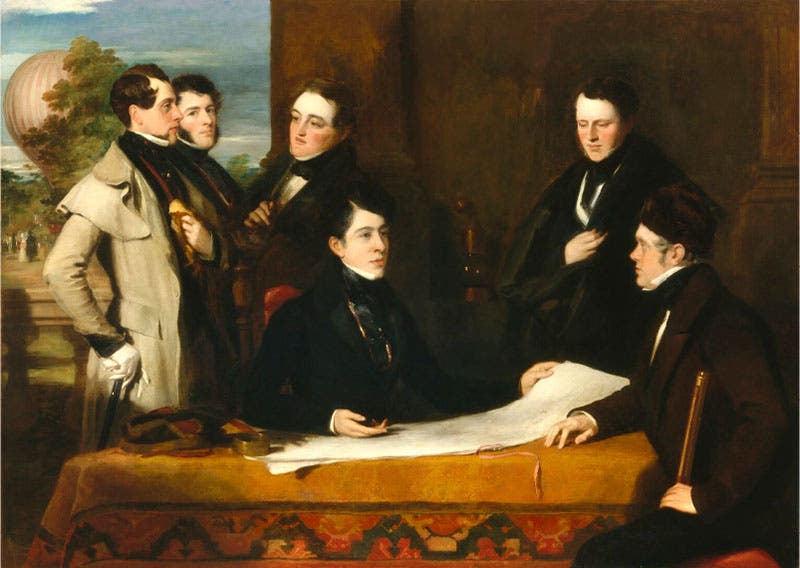 A Consultation Prior to a Flight to Germany, oil on canvas, by John Hollins, 1836-38, National Portrait Gallery, London; Green is seated at far right (npg.org.uk)