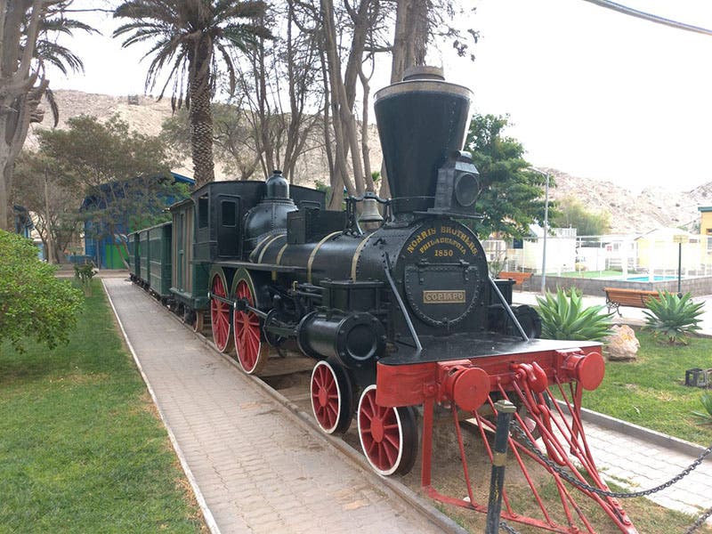 The Copiapó, a 4-4-0 locomotive built by the Norris Locomotive firm in 1850; it was the first locomotive in South America, and it is still there, on display at the University of Atacama (atlasobscura.com)