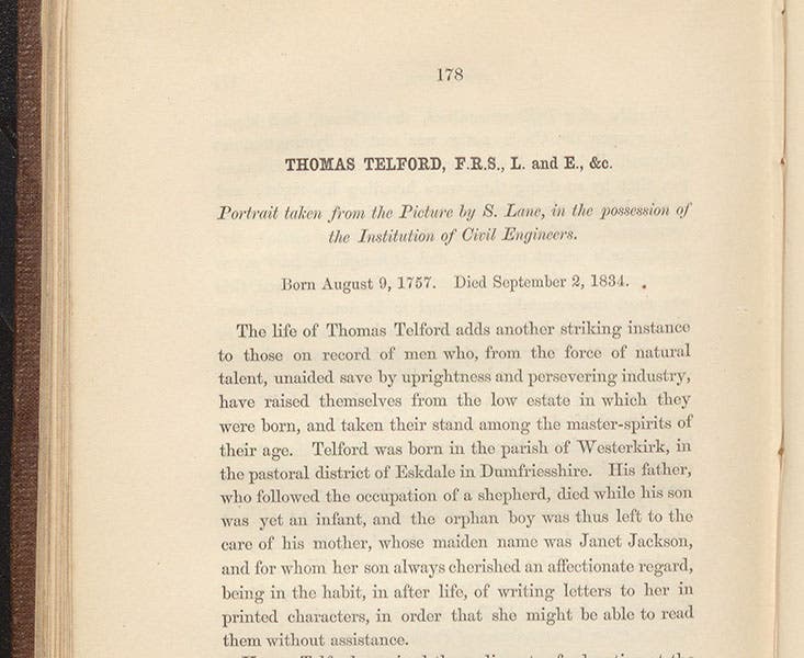 First page of biography of Thomas Telford, Memoirs of the Distinguished Men of Science of Great Britain Living in the Years 1807-8, by William Walker, Jr., 1862 (author’s collection)