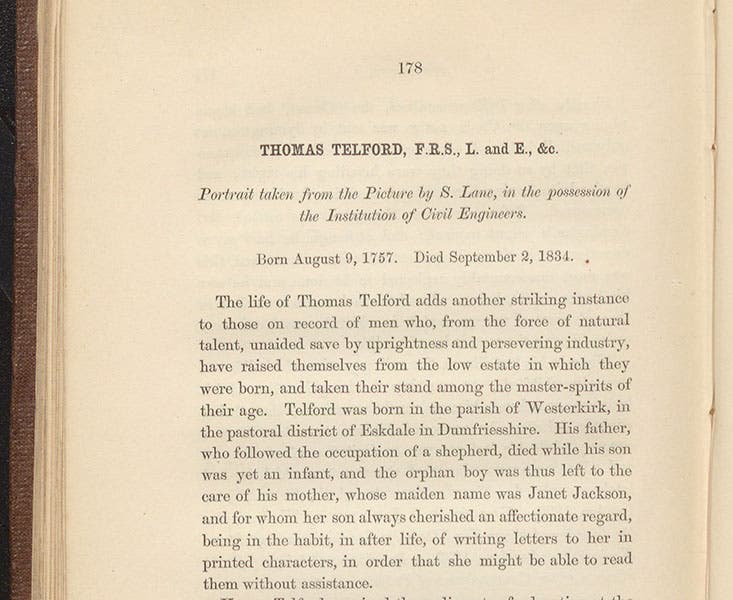 First page of biography of Thomas Telford, Memoirs of the Distinguished Men of Science of Great Britain Living in the Years 1807-8, by William Walker, Jr., 1862 (author’s collection)
